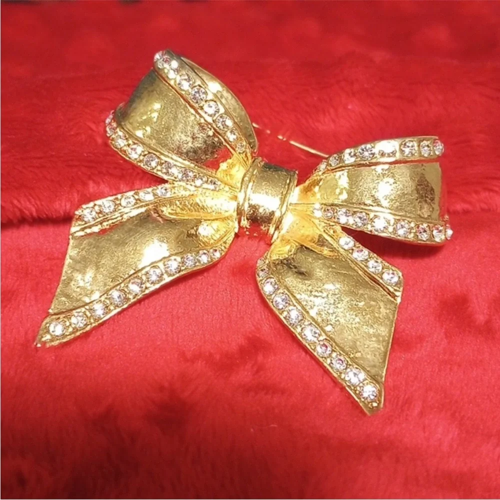 Gold Bow Brooch with Rhinestones - Picture 3 of 9